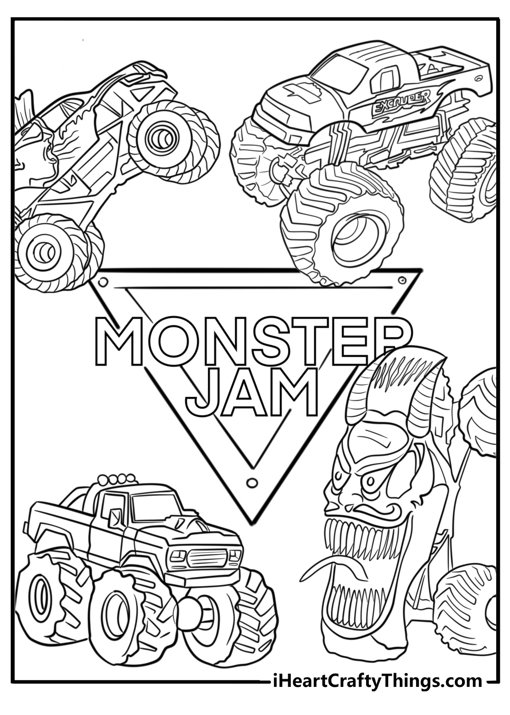 Monster jam coloring page of poster with trucks