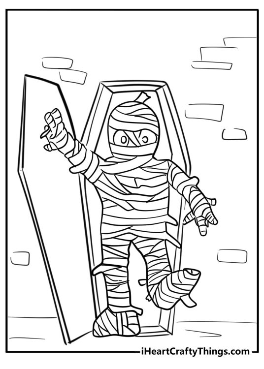 Mummy walking through a tomb fun coloring sheet