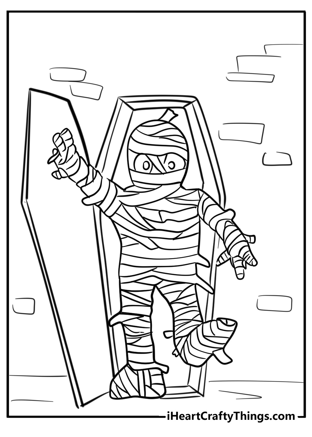 Mummy walking through a tomb fun coloring sheet