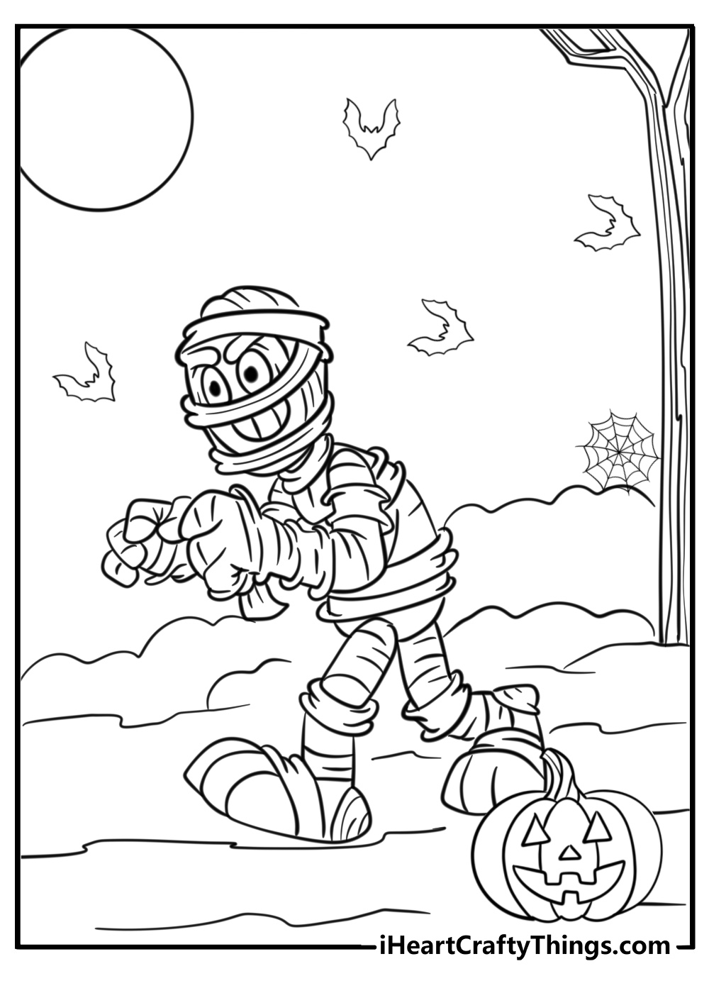 Cartoon mummy wrapped in bandages fun Halloween coloring pages