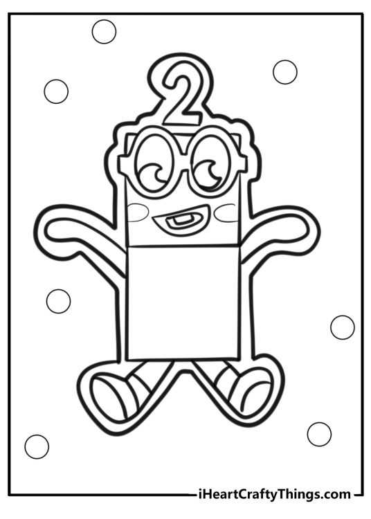 Numberblocks-themed coloring page of a Number 2 with bubbles in the background