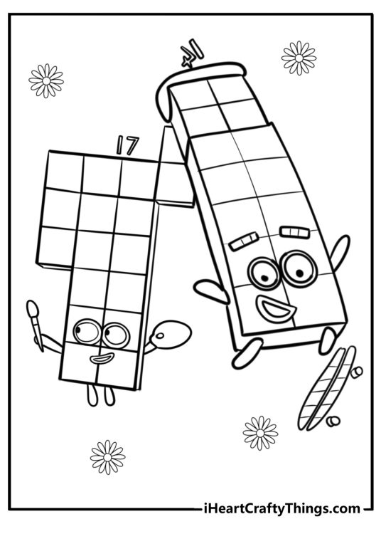Numberblocks-themed printable pdf to color featuring Numbers 17 and 14 having a fun time together