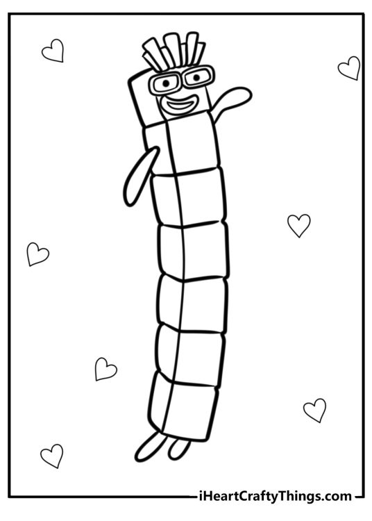 Waving Numberblock 7 with hearts in the background coloring sheet for kids