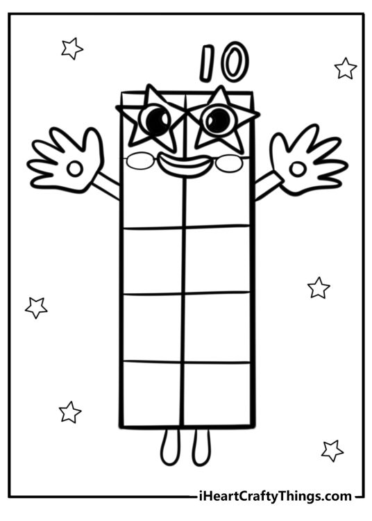 Free Numberblocks-themed coloring page of a Number 10 surrounded by many stars