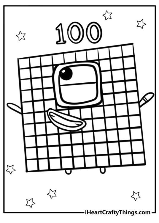 Massive Number 100 surrounded by stars free printable coloring page for adults