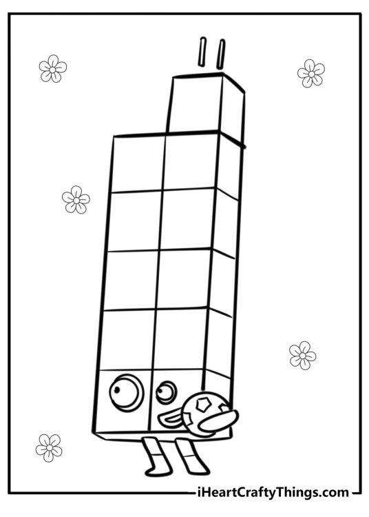 Numberblock 11 holding a ball surrunded by flowers free coloring page for children