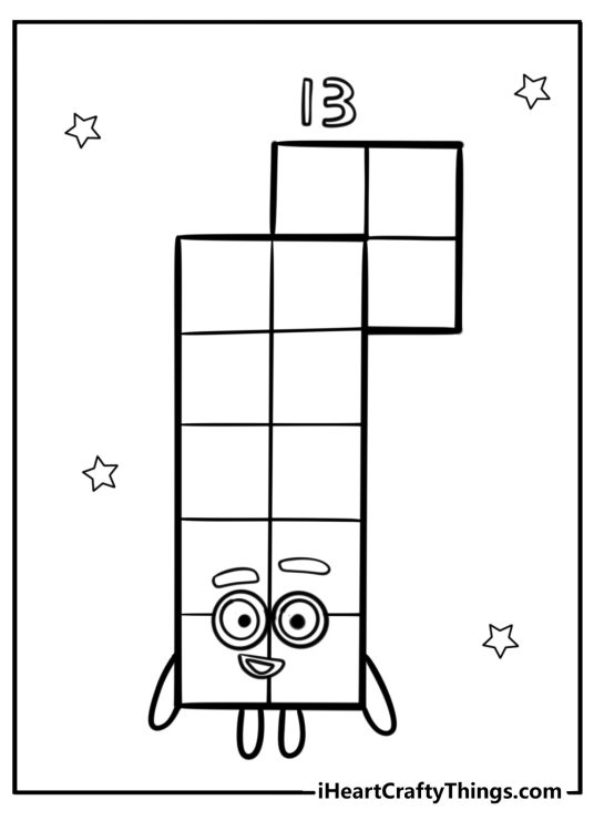 Numberblocks 13 with stars in the background free coloring printable for children
