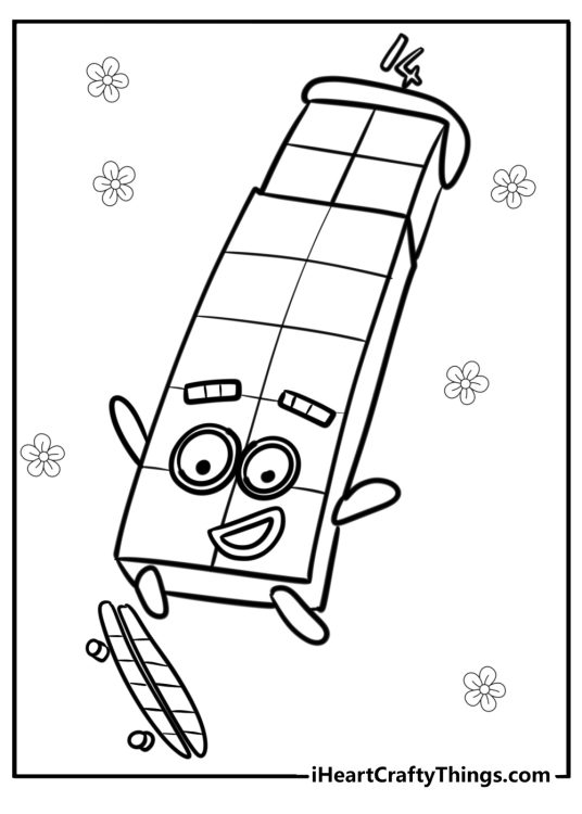 Free Numberblocks-themed coloring page of an excited Number 14 on a skateboard