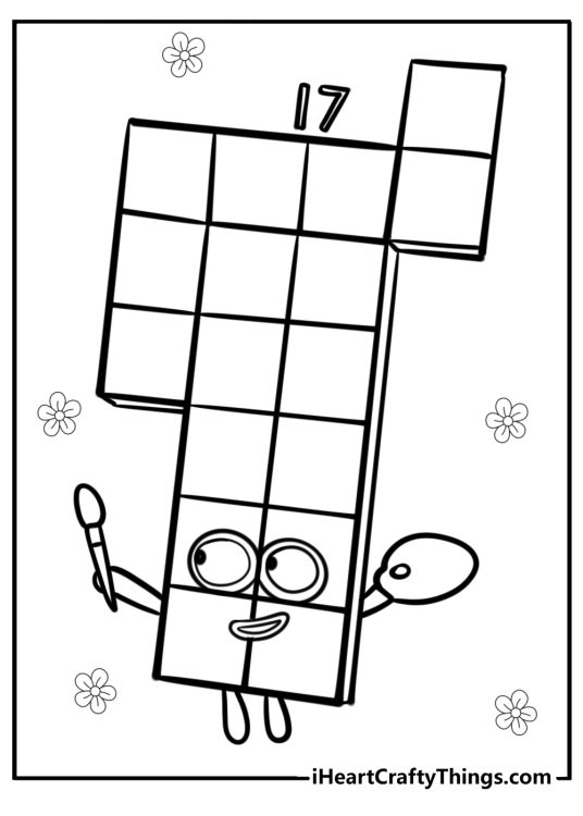 Number 17 holding a paintbrush and palette with flowers in the background coloring printable for kids