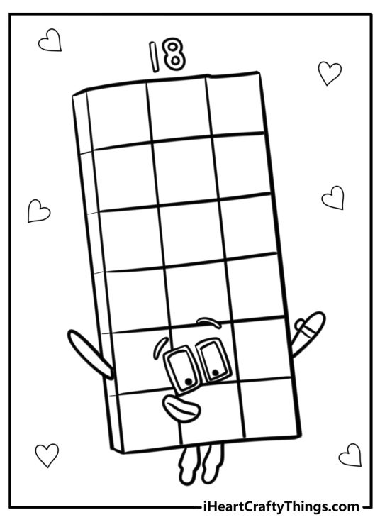 Numberblocks-themed coloring page featuring tall Number 18 with hearts in the background