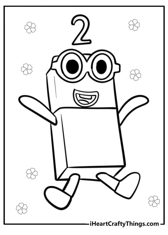 Happy Numberblock 2 surrounded by flowers printable coloring page for children