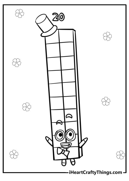 Tall Number 20 wearing fancy hat with flowers in the background free printable coloring page for children