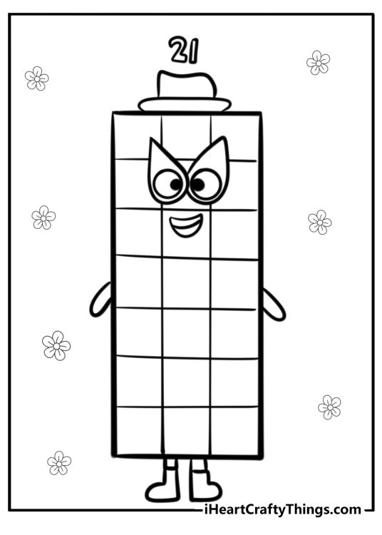 Numberblocks-themed printable page with Number 21 wearing hat surrounded by flowers