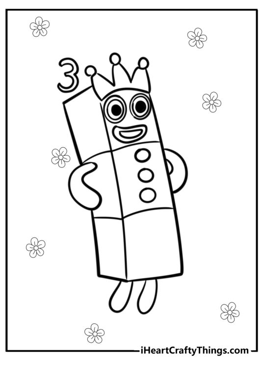 Numberblocks-themed coloring page of a Number 3 with flowers in the background