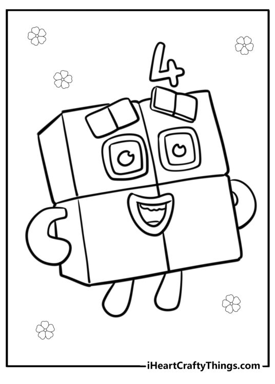 Numberblock 4 with flowers in the background free coloring sheet for children