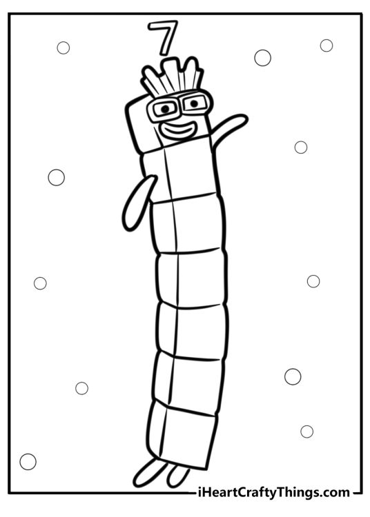 Free coloring page for kids featuring Numberblocks 7 with bubbles in the background