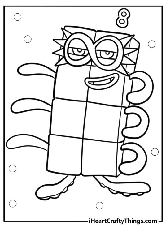 Numberblocks-themed coloring page featuring Number 8 in octopus-inspired design