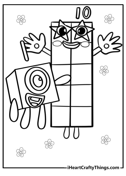 Free coloring sheet featuring Numberblocks 1 and 10 with flowers in the background