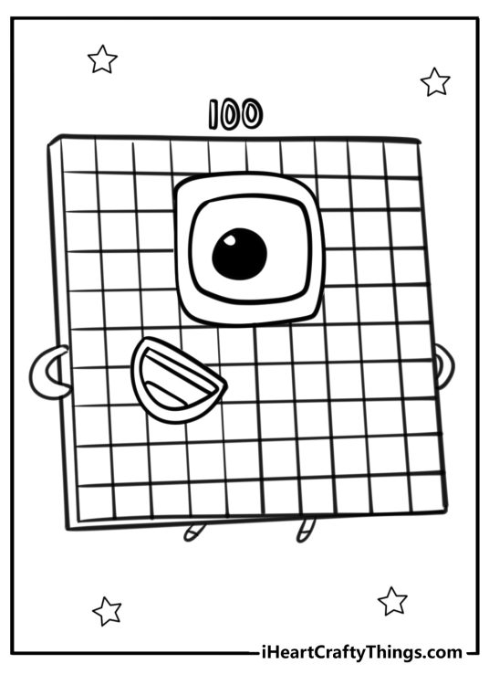 Detailed coloring printable featuring Numberblocks 100 with stars in the background