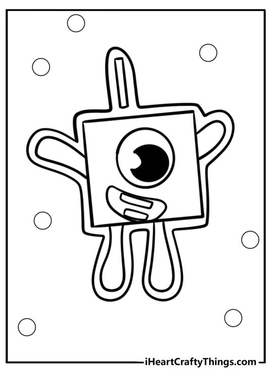 Numberblocks-themed coloring page of a Number 1 with one eye surrounded by bubbles