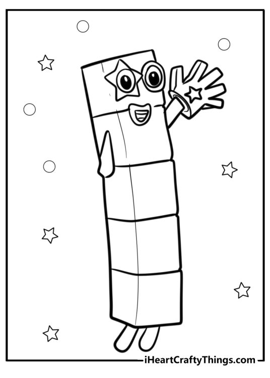 Number 5 goes in for a high five free printable Numberblocks-themed coloring page for kids
