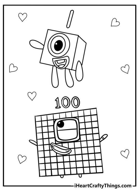 Printable coloring page featuring Number 1 at the top and Number 100 under it surrounded by hearts