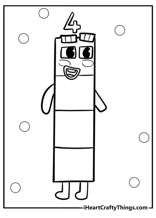 Free printable page for children of a tall Number 4 with bubbles in the background
