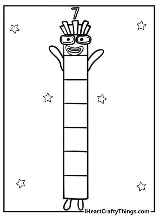 Happy Number 7 with hands up surrounded by stars free printable sheet for children