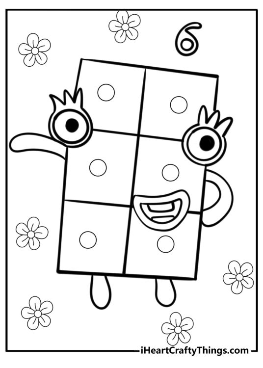 Numberblocks 6 with two large eyes surrounded by flowers printable coloring sheet