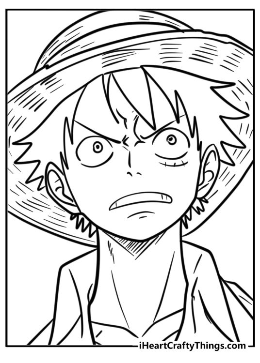 One Piece-themed image featuring portrayal of Luffy wearing his straw hat looking a bit concerned