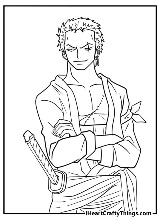 Printable coloring sheet for kids presenting an awesome One Piece character Zoro