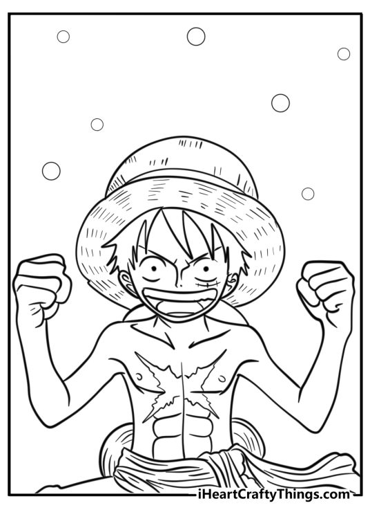 One Piece coloring picture capturing Luffy showing off his X shaped scar on the chest