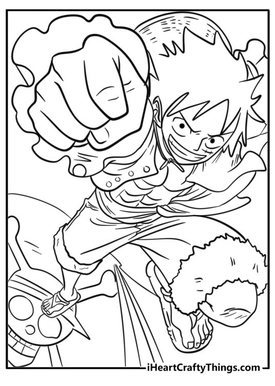 One Piece printable presenting Luffy leaping from the deck of the Thousand Sunny ship