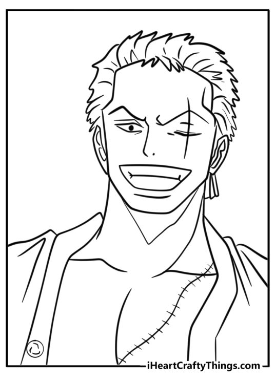 One Piece coloring sheet with a close-up portrayal of a character Zoro showing his charismatic smile