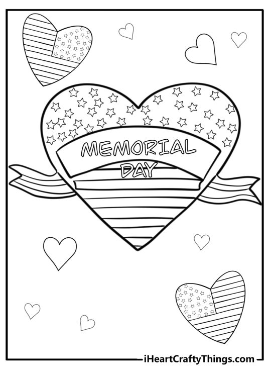 Patriotic heart with stars and stripes memorial day coloring page