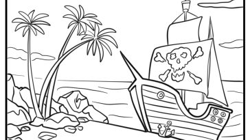 Pirate ship anchored near a treasure island coloring pages