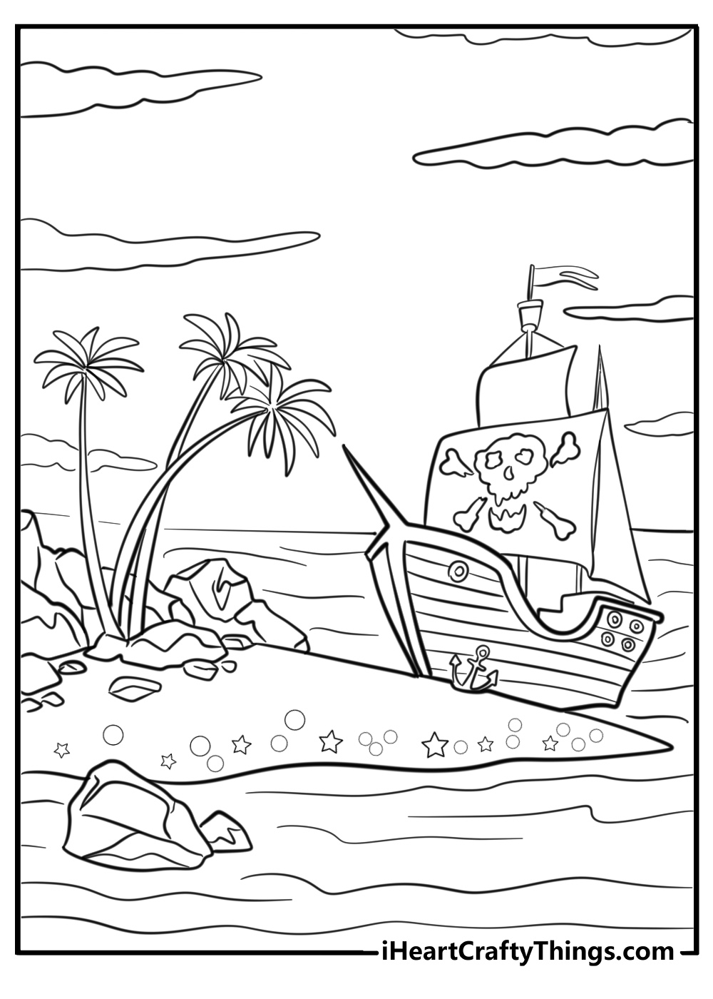 Pirate ship anchored near a treasure island coloring pages