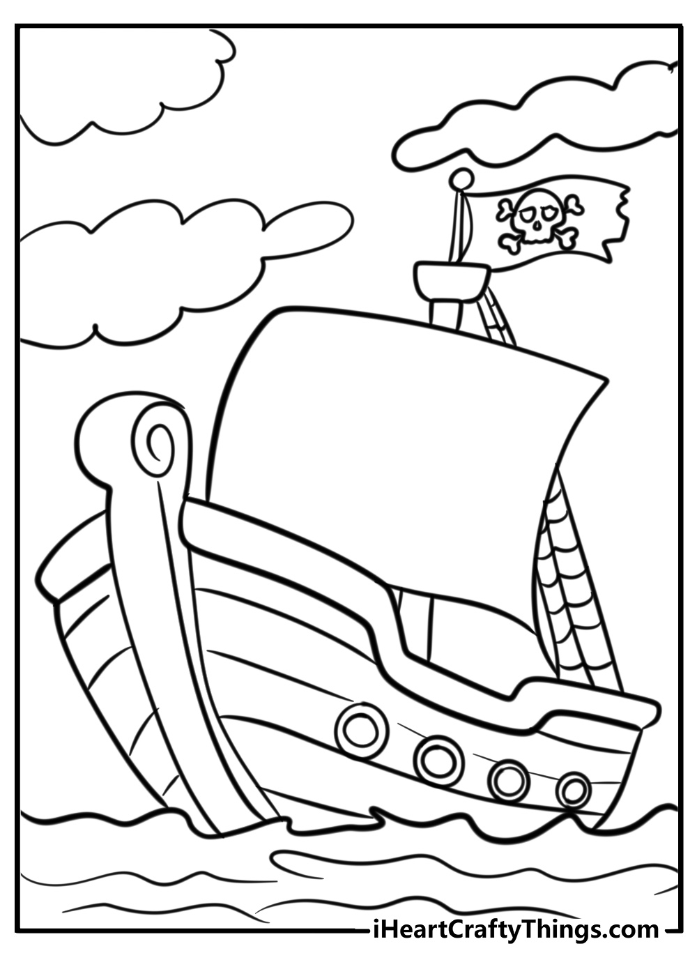 Pirate ship in a tropical lagoon free coloring page