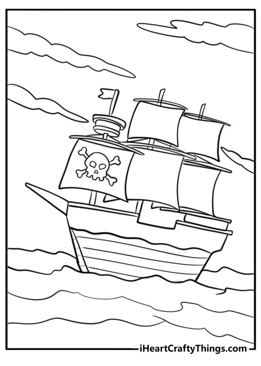 Pirate ship navigating through fog coloring pages