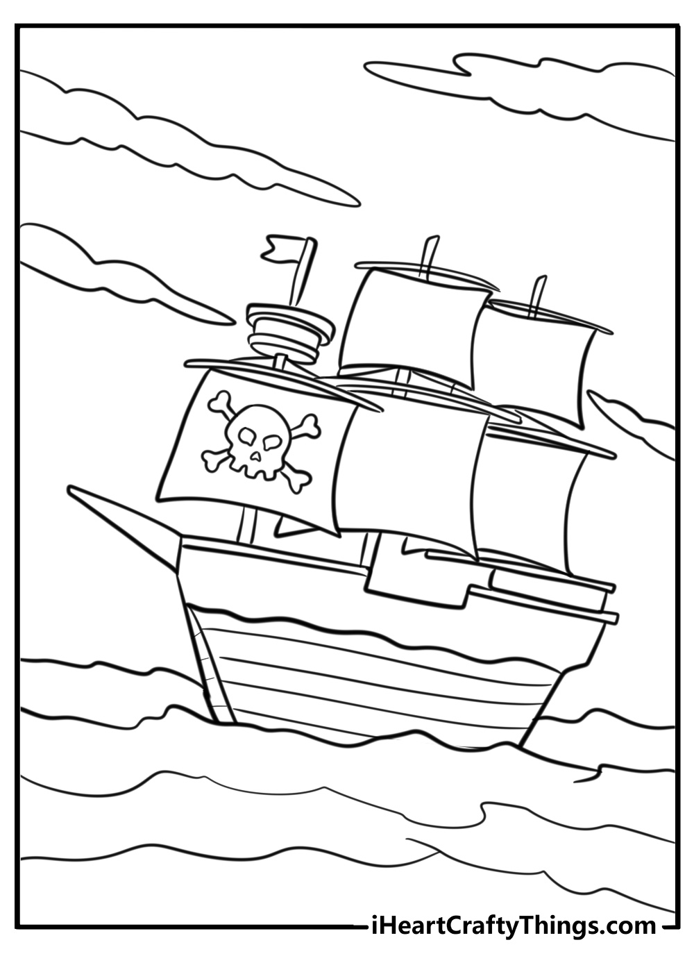 Pirate ship navigating through fog coloring pages