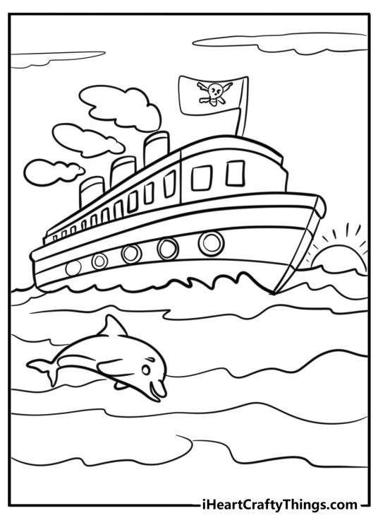 Pirate ship sailing at sunset coloring page