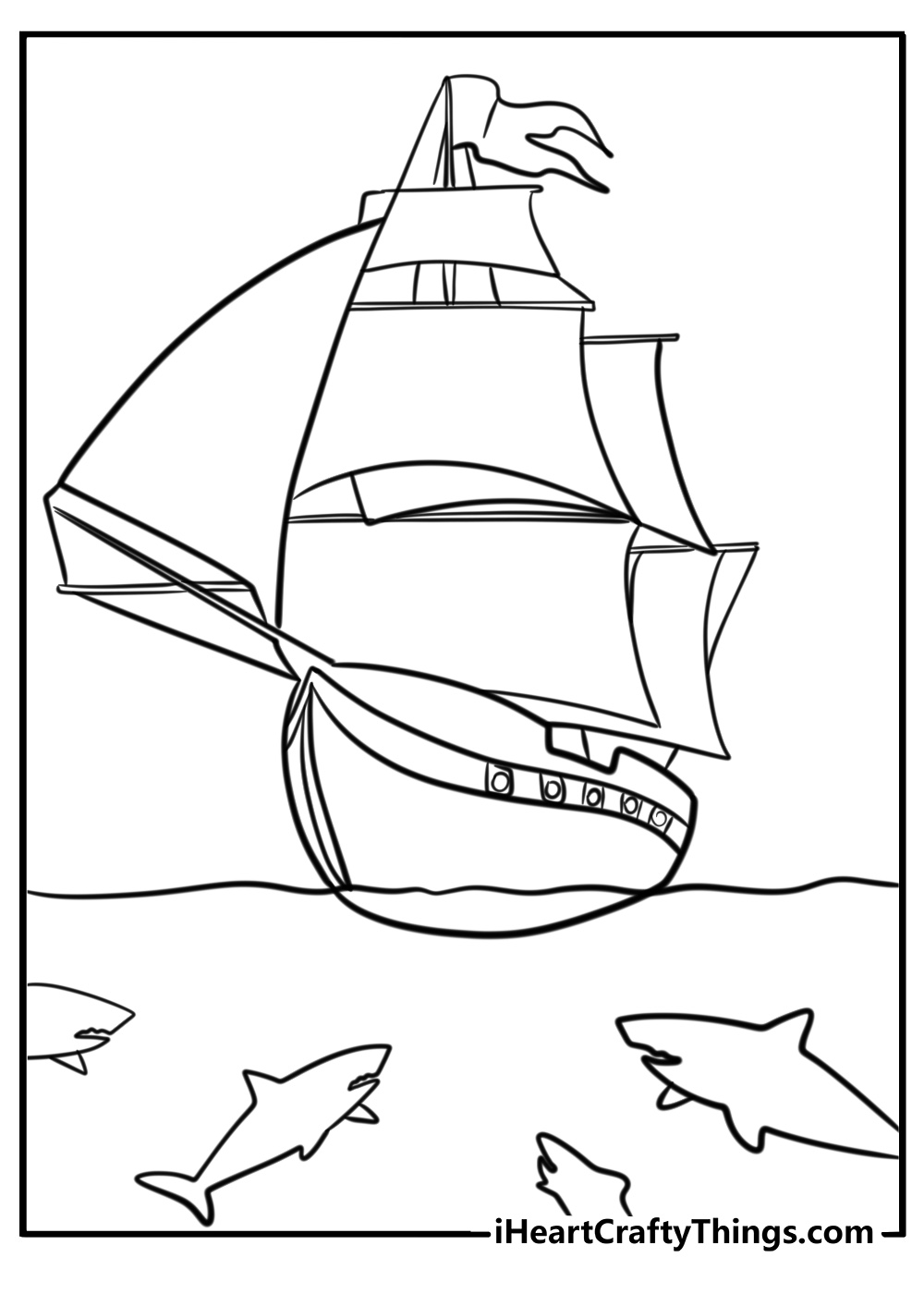 Pirate ship surrounded by sharks coloring page