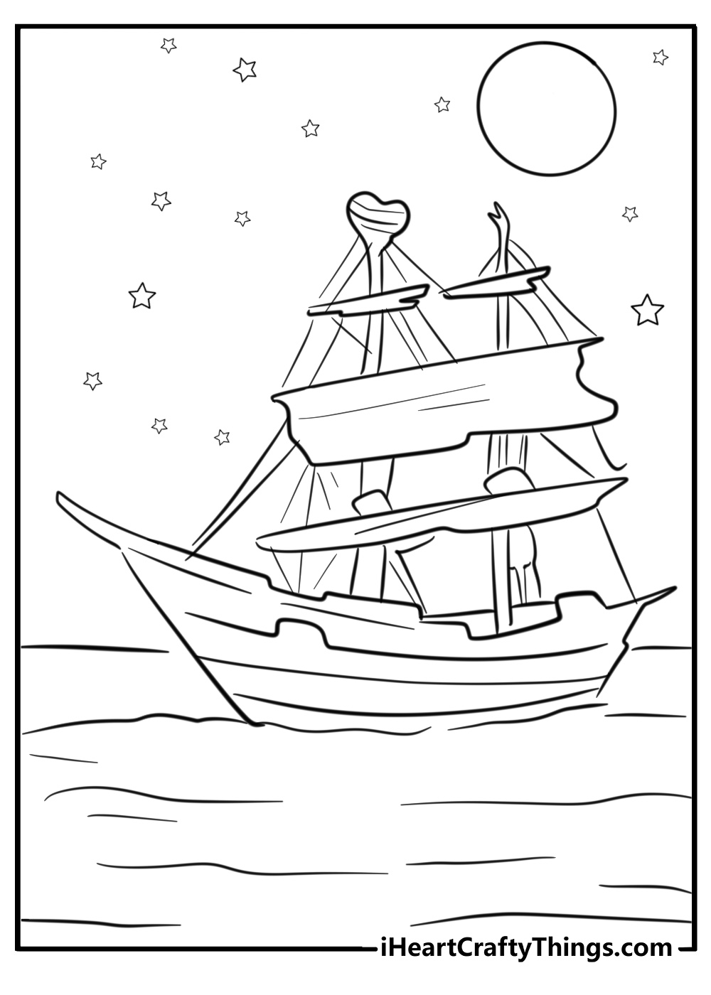 Pirate ship under a starry night sky coloring pages