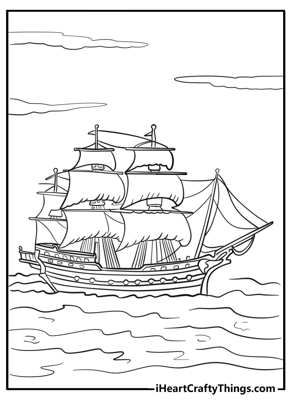 Pirate ship with a crew of pirates coloring sheet