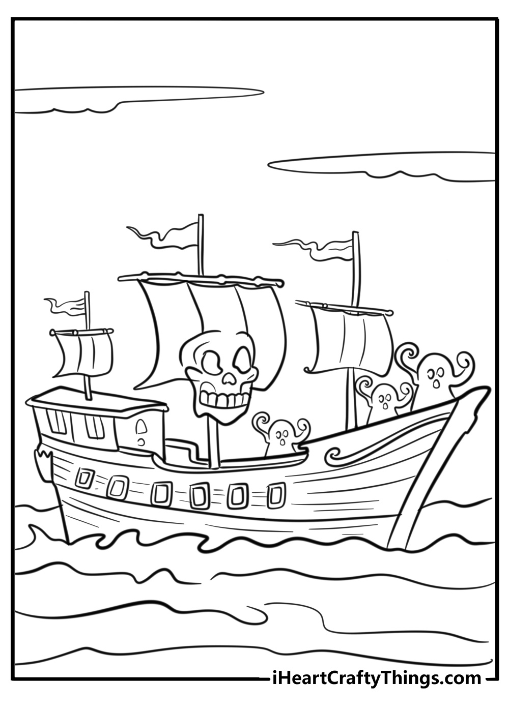 Pirate ship with a ghostly crew printable to color