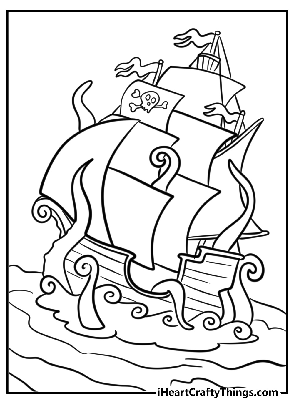 Pirate ship with a giant octopus attacking coloring sheet