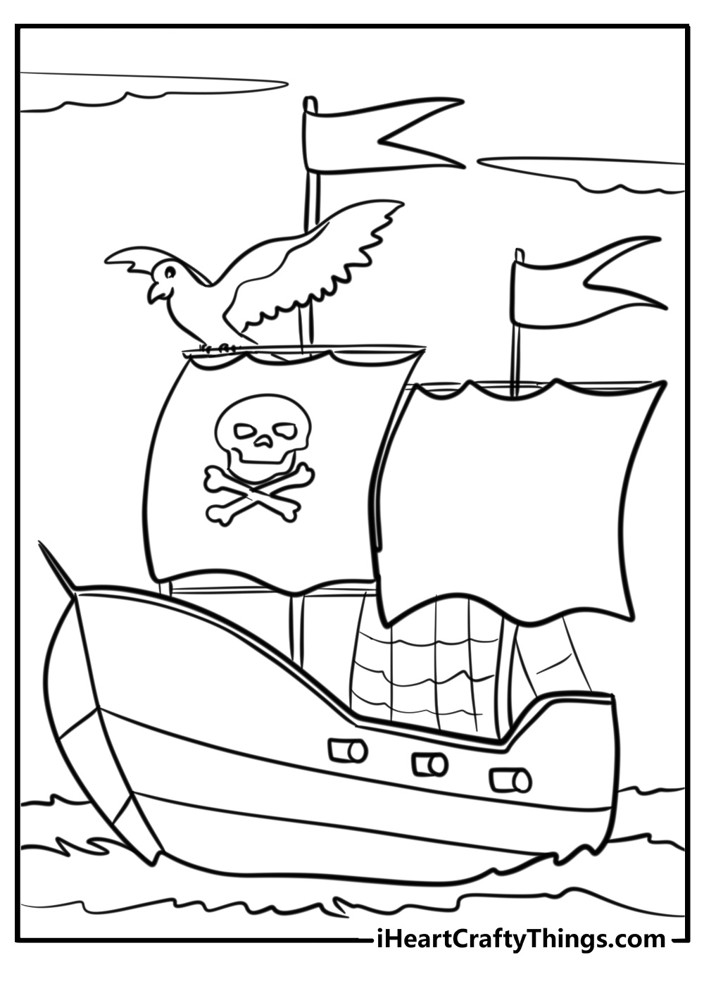 Pirate ship with a parrot on the mast free coloring page