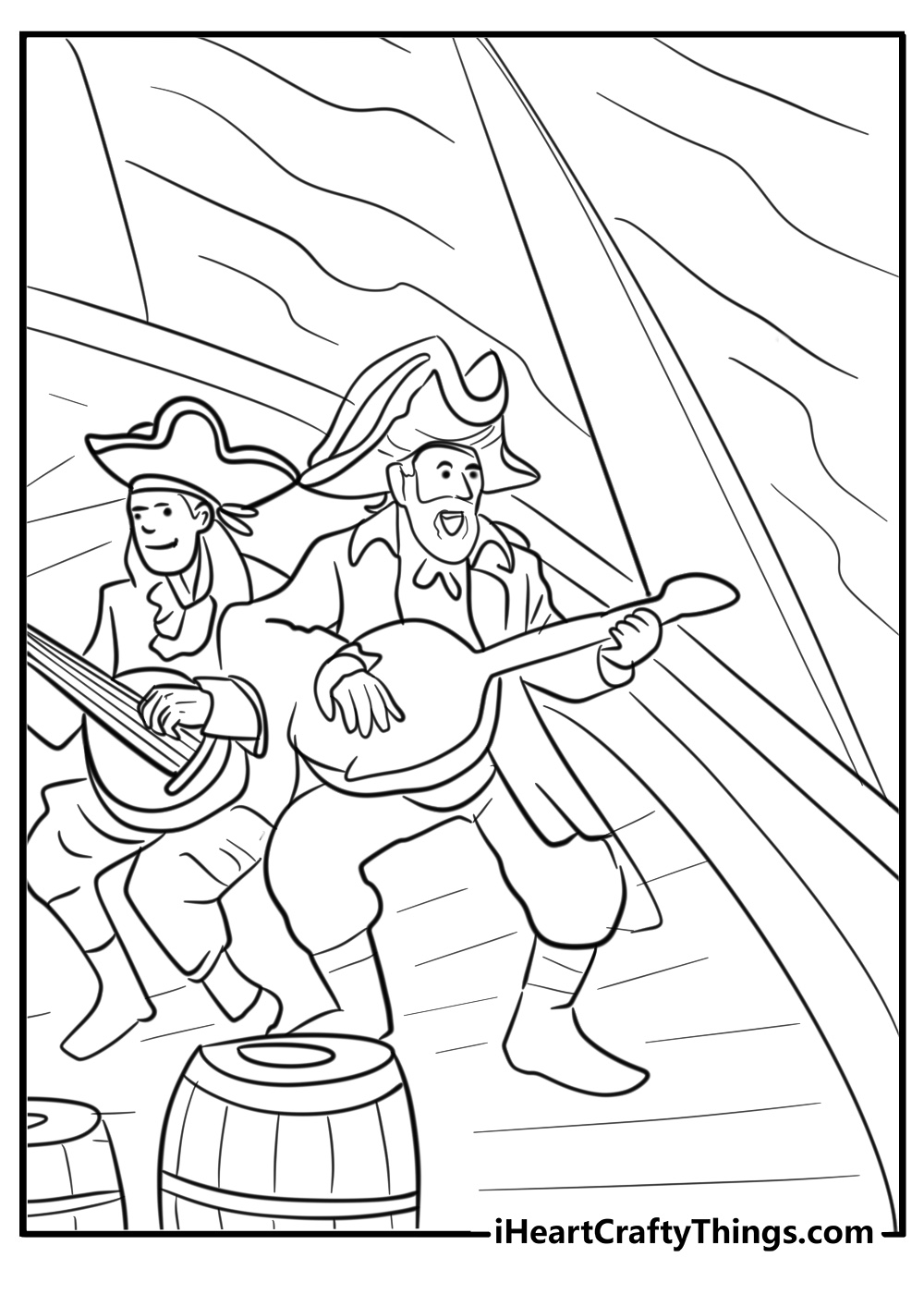 Pirate ship with a pirate band playing music free coloring page