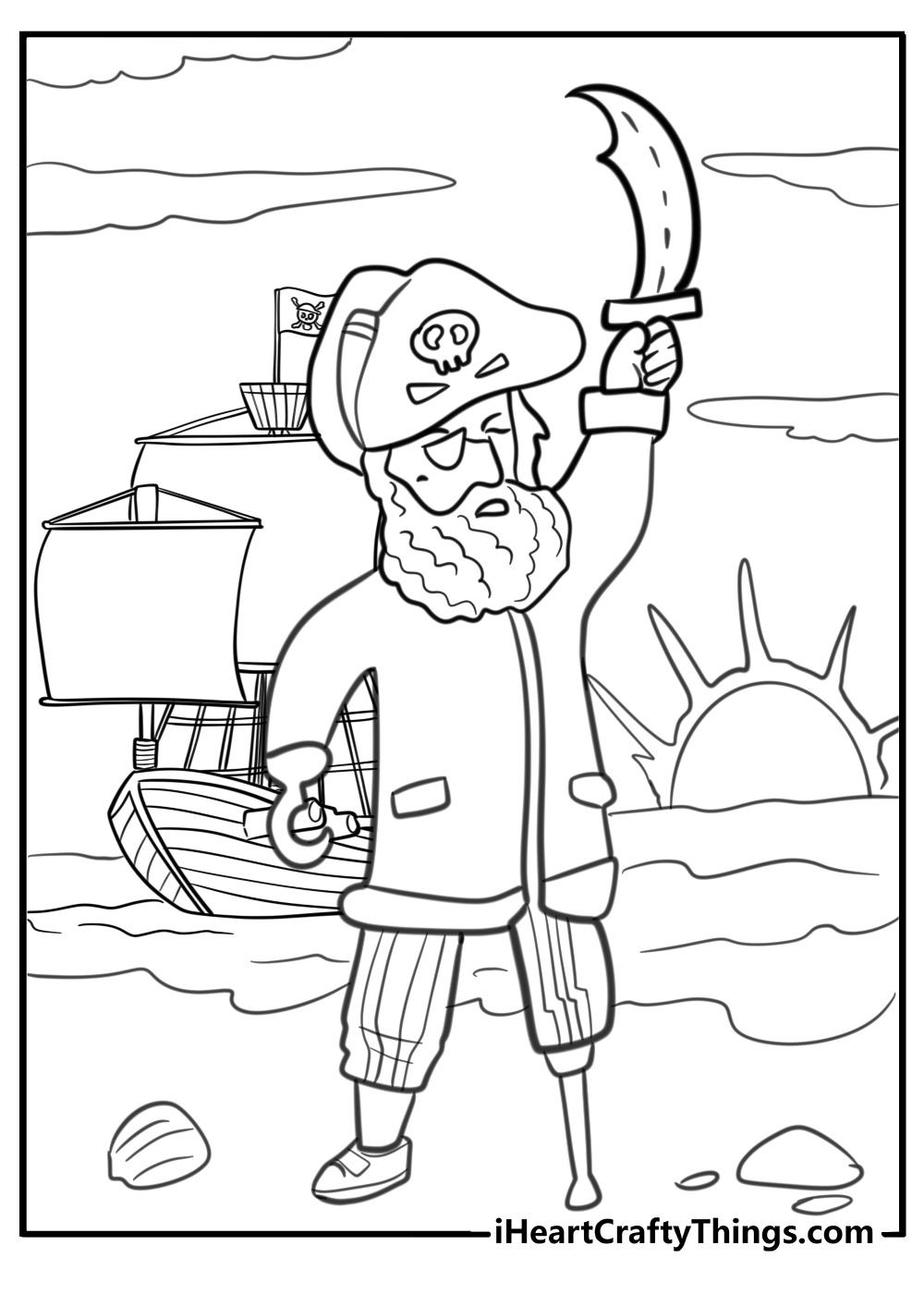 Pirate ship with a pirate king giving commands coloring pages