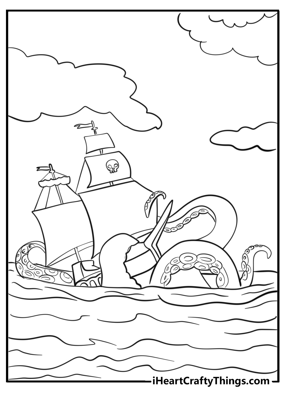 Pirate ship with a sea monster attacking page to color